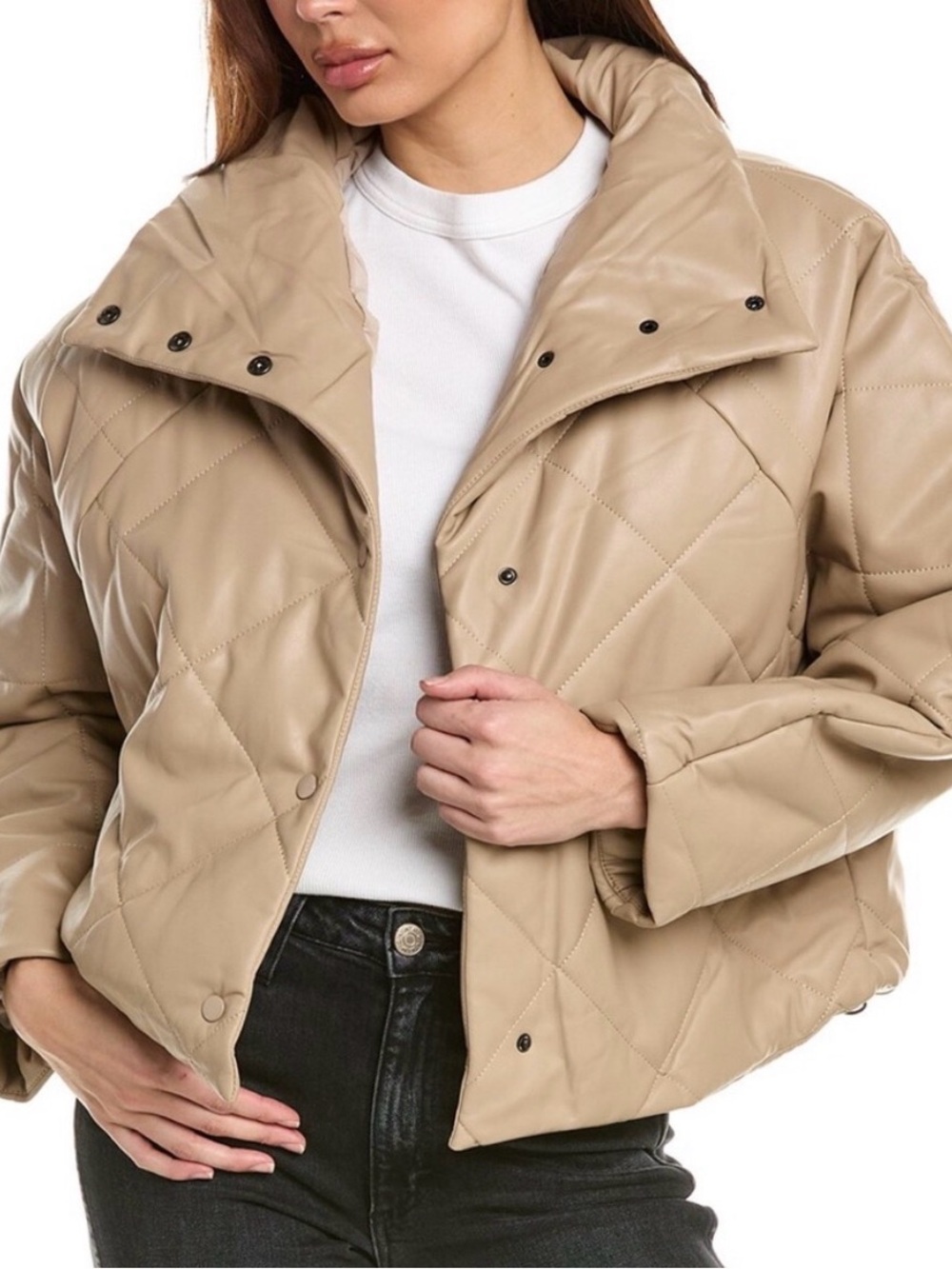 Oat New York Quilted Faux-Leather Cropped Bomber Jacket - Deep Taupe - Size M🌾